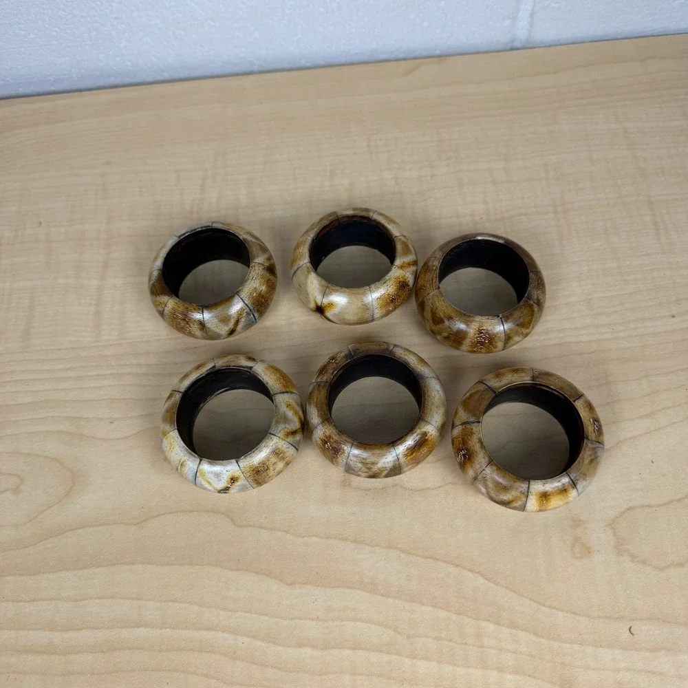 Vintage Bohemian Style Bovine Bone Round Napkin‎ Rings Set of 6 Polished